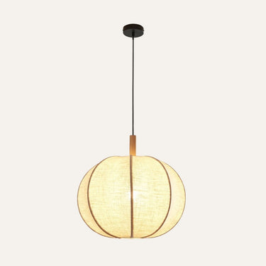 Byron Rustic Kitchen Pendant Light — beige linen globe shade with wooden accents and matte black hardware