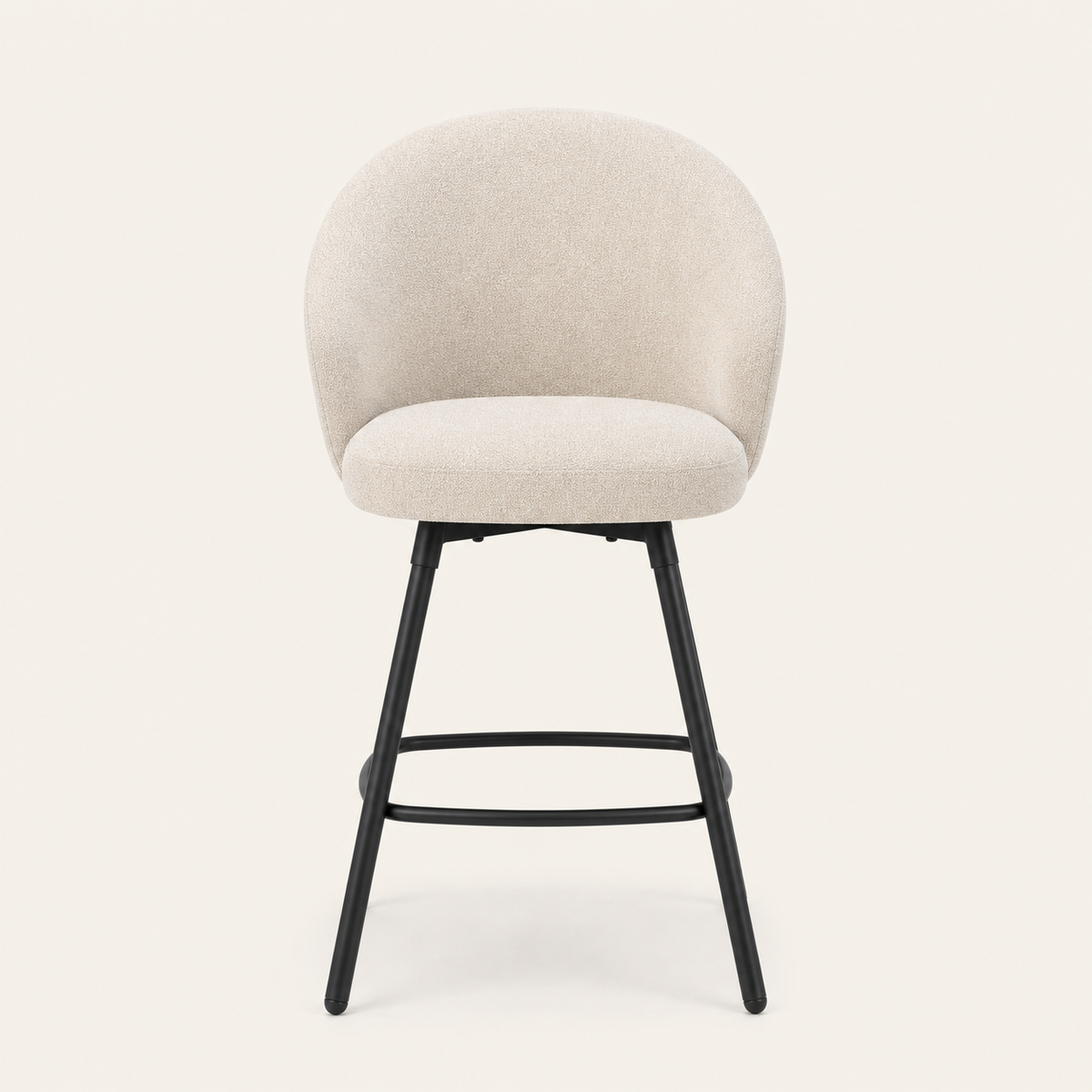 Sereni beige upholstered swivel counter stool with rounded back and black metal frame