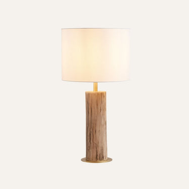 Lignis Table Lamp (white) close-up of textured solid wood base with gold metal accent