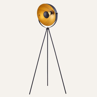 Spoon Tripod Floor Lamp 63" — matte black steel tripod base with gold-accented articulating shade, Archiology