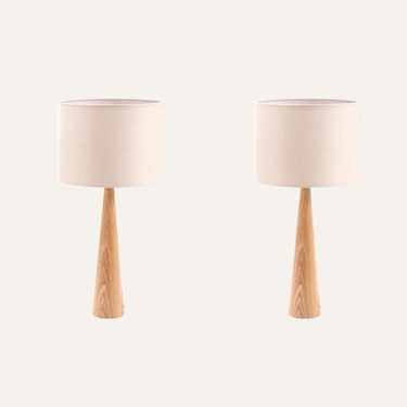 Faunus Natural Solid Wood Table Lamp Set of 2 — natural wood base with beige linen shade, Archiology