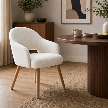 Lirwood upholstered dining chair with curved back and warm beech wood legs