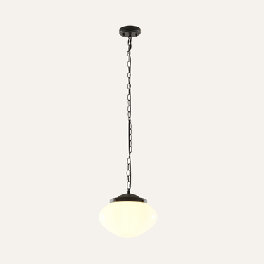 Aurelia white glass schoolhouse pendant light in Black, illuminated product view