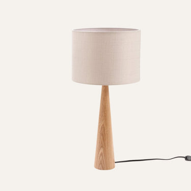 Faunus Wood Table Lamp (set of 2) close-up of natural solid wood grain base and linen shade detail